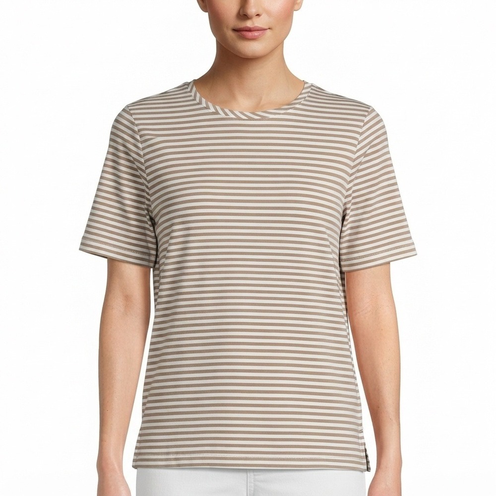 Investments Womens Top XL Tan White Striped Short Sleeve Crew Neck Stretch